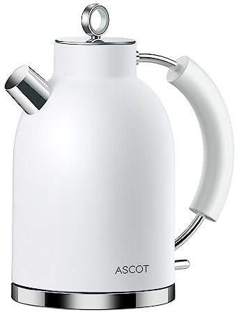 ASCOT Electric Kettle, Stainless Steel Electric Tea Kettle Premium Matte Kettle 1.5L 2200W Retro Tea Heater & Hot Water Boiler, Auto Shut-Off Boil-Dry Protection Matte White