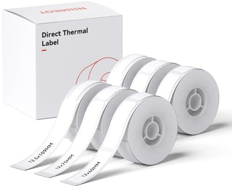 NIIMBOT Etiketten Selbstklebend, 12 x 40mm(2 Rollen), 12 x 75mm (2 Rollen), 12.5 x 109mm (2 Rollen) Thermo Etikettenband, Kompatibel mit D110 D11 D101 Etikettendrucker, 6 Rollen