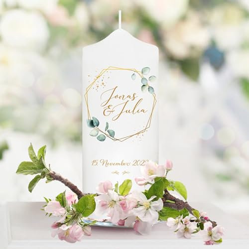 Wandtattoo Loft Weiße Hochzeitskerze Geburtstagskerze Rahmen Eukalyptusblätter personalisiertes Hochzeitsgeschenk anpassbar Kerze Wedding, Gästekerze 18 x 7 cm