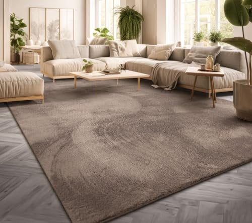 TT Home Teppich Wohnzimmer Kurzflor Anti-Rutsch Rückseite Einfarbiges Design Waschbar, Farbe:Taupe, Größe:200 cm Rund