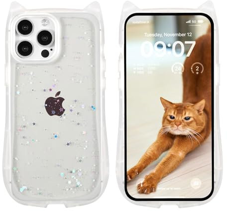 ZCDAYE for iPhone 13 Pro Max Case, Cute Cat Ear Case iPhone 13 Pro Max Phone Case, Glitter Bling Soft TPU Bumper Protective Phone Cover for iPhone 13 Pro Max (6.7 inch),White Clear