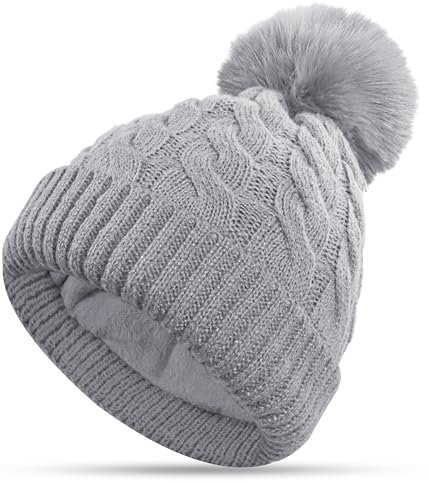 CAOZITOU Mütze Damen, Strickmützen Beanie Double Fleece Line, Warme Dehnbar Weich Wintermütze mit Abnehmbarer Bommel für Outdoor Sports Ski (Hellgrau)