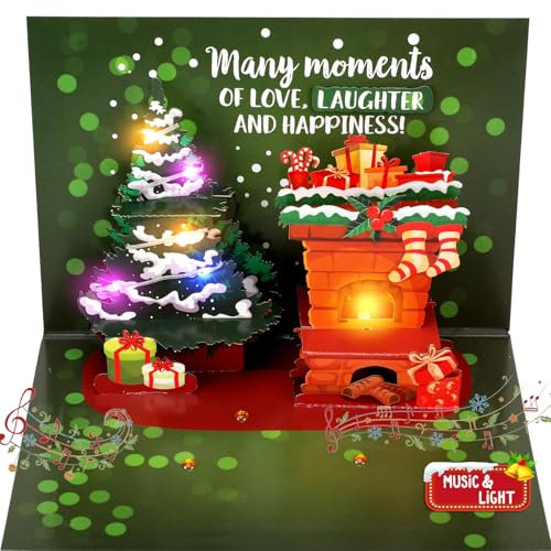 Tarjeta de Navidad, tarjeta de Navidad musical para niños, mujeres, hombres, árbol de Navidad 3D y chimenea, tarjeta de Navidad emergente, regalo para niños, niñas, esposa, marido, nieta, nieto,