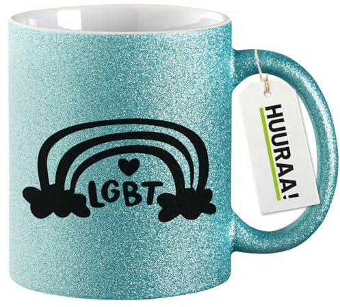 Huuraa Glitzertasse LGBT Regenbogen Herz Geschenk 330ml Blau LGBT Regenbogen Präsent