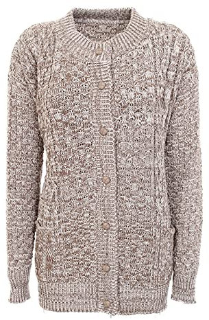 New Womens Ladies Button Up 2 Front Pockets Full Sleeve Round Neck Cable Knitted Cardigan Beige - Mb 16-18