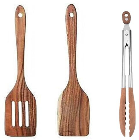 SANTUO 2 Stück Pfannenwender Holz(30cm) Mit Langem Griff Und Schlitzwender, Küchenzange Grillzange Holz(29cm) Olivenholz Zange, Kchen Spatel Set Schutz Vor Kratzer Für Pfanne