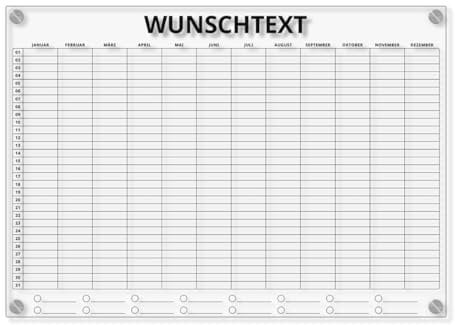 Personalisierter Acrylglas Wandkalender - Büro Jahresplaner abwischbar DIN A3, A2 oder A1 XXL wählbar inkl. Montagematerial und Edelstahl Abstandhalter, langlebig, klarer UV-Druck