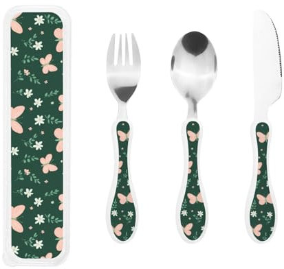 Big Kids Besteckset Löffel, Messer und Gabel Sets Kinderbesteck Sets Lebensmittelecht Edelstahl (Pink Winged Butterfly)