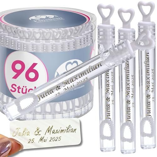 EinsSein personalisierte Seifenblasen Hochzeit Herzgläschen Weiss 96 Stück | Seifenblasen mit Aufkleber als Gastgeschenke auch für die Taufe Geburtstag Party | Hochzeitsseifenblasen | Wedding Bubbles