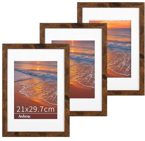 Anhow 3er Bilderrahmen A4 21x29,7 cm, MDF Bilderrahmen Set mit Passepartout für 15x20 cm Fotos, Posterrahmen Groß mit Transparente Acrylplatte für Wandbehänge - Walnussfarbe
