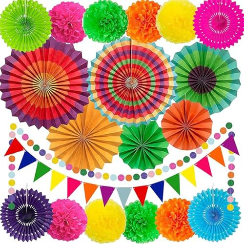ZYYRSS 20PCS Fiesta Party Decorations Set, Colorful Hanging Paper Fans,Pom Poms Flowers,Hanging Swirls Garlands String, Polka Dot Triangle Bunting Flag for Birthday Fiesta Wedding Mexican Party