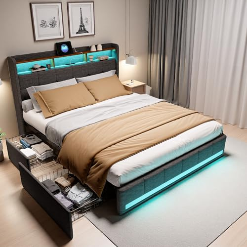 KeepGoon letto matrimoniale con 4 cassetti, 140 x 190 cm, Telaio per letto imbottito con stazione di ricarica USB e testiera illuminata a LED, con contenitore, Grigio