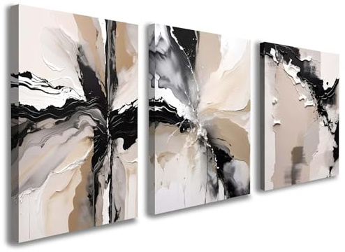 Galmcook Set of 3 Framed Canvas Wall Art 12x16 Inch Each Abstract Painting Beige Modern Wall Decoration for Living Room Bedroom Hallway and Stairs Artwork Wall Pictures with Hooks and Magic Tape