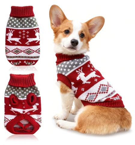 Hundepullover Weihnachten,Winter Warmer Hund Pullover Kleidung Haustier Mantel Kostüm, Rot Weihnachtsschneeflocke Rentier Bestickter Pullover Strickwaren für kleine mittelgroße Hunde (16)