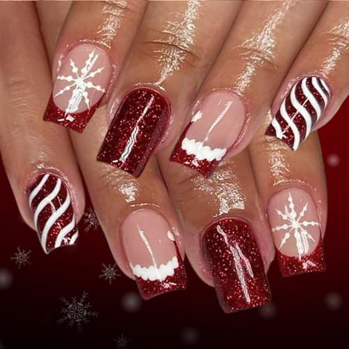 Calkkrer 24 Stück Press On Nails Kurz Weihnachten, Glänzende Quadratische Nägel Mit Weihnachtsmütze, Schneeflocken Aufdrücknägel, Künstliche Nägel Zum Aufkleben