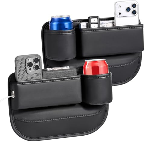KINDLUME 2er Pack Autositz Lückenfüller mit Getränkehalter, Leder Auto Organizer Mittelkonsole Aufbewahrungsbox für Telefon, Schlüssel, Sonnenbrille – Passt in die meisten Fahrzeuge