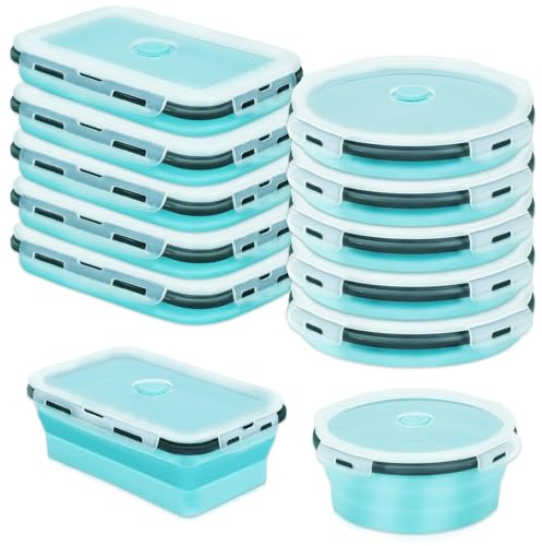 10 Pack Collapsible Food Storage Containers, Silicone Lunch Bowl Set, Blue | 5 Rectangle & 5 Round Bowls; 1200ml Capacity; Space-Saving Foldable Design; Food-Grade Silicone; Microwave & Freezer Safe