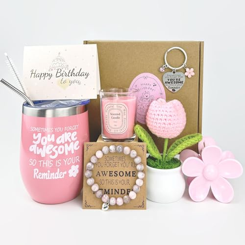 Bestanhoye Birthday Gifts for Women, Girls, Her, Unique Trendy Stuff Pamper Presents Box Set for Mom, Sister, Daughter, Friends, Wife, Pink Insulated Tumblers Get Well Soon Gifts Set