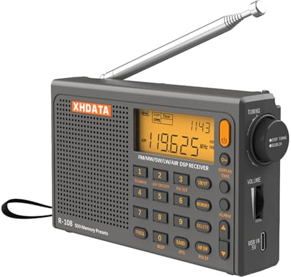 XHDATA R108 Portable Airband Shortwave Radio, FM/LW/MW/SW World Band DSP Digital Receiver with External Antenna, 500 Presets, Backlit LCD Display, AC or Rechargeable Battery, Gray