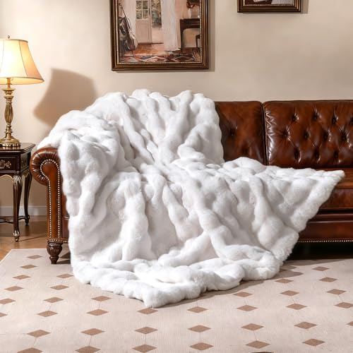 COSTWAY Kuscheldecke, Plüsch-Kunstkaninchenfell Sofadecke, luxuriöse Felldecke, Überwurfdecke Farbewahl, Wohndecke für Damen, Couchdecke Tagesdecke für Bett, Sofa, Sessel (153 x 203 cm,Weiß)