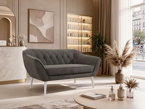 MKS MEBLE Sofa PIRS 2-Sitzer - Skandinavisches Design Couch, Gesteppte Polsterung, Wellenfederung, bequemes Polstersofa für Wohnzimmer - Weiße Beine, Dunkelgrau Velvet