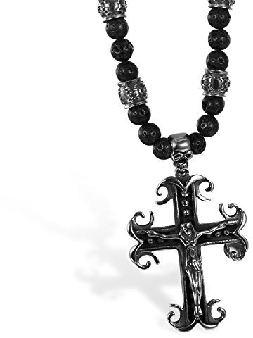 Flongo Edelstahl Energie EnergieStein Halskette Kugelkette Kette Anhänger Künstliche Lava Schwarz Silber Totenkoft Schädel Jesus Kreuz Kruzifix Rosenkranz Herren Kette