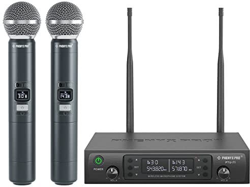 Phenyx Pro Drahtloses Mikrofonsystem, Dynamisches Funkmikrofon, 2x100 Einstellbare UHF Dual, Auto Scan, 328ft Reichweite, Für Gesang, Karaoke, Kirche (PTU-71A)