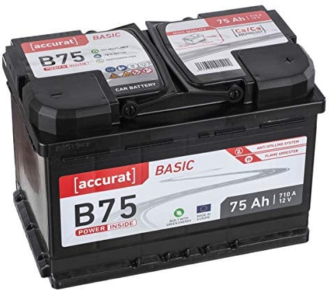 Accurat Basic B75 Autobatterie - 12V, 75Ah, 710A, zyklenfest, wartungsfrei, 30% mehr Startleistung, Ca-Technologie, Pluspol rechts- Starterbatterie, Nassbatterie, Blei-Säure Batterie