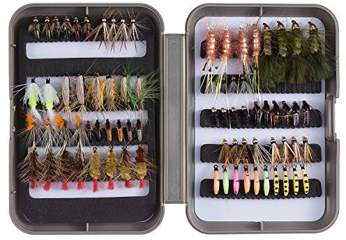 BASSDASH Trout Steelhead Salmon Fishing Flies Barbed/Barbless Fly Hooks Kit with 76pcs Barbed Trout Flies in Waterproof Fly Box
