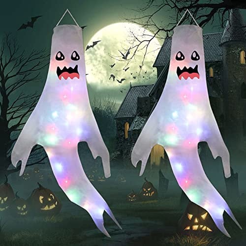 Jonami Halloween Deko Geist Dekoration mit LED Lampenperlen Windsock Flagge Wiegen im Wind für Garten Terrasse Festliche Atmosphären Motto Party Requisiten - 2Stk
