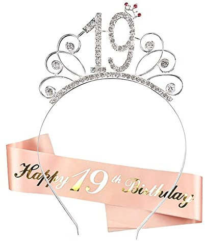 HCRXVV 19.Geburtstagskrone Schärpe Junggesellinnenabschied Set für 19 jahre Geburtstag Mädchen Deko,Kristall Kronen Haar-Zusätze Roségold Geschenk für Birthday Girl Kinder Frau Erwachsene