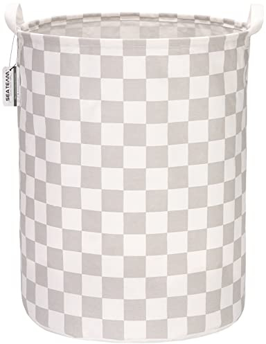 Sea Team Cesto de ropa plegable de tela de algodón de ramio con revestimiento impermeable de gran tamaño de 19.7 pulgadas cilíndrica con elegante diseño gris de rejilla