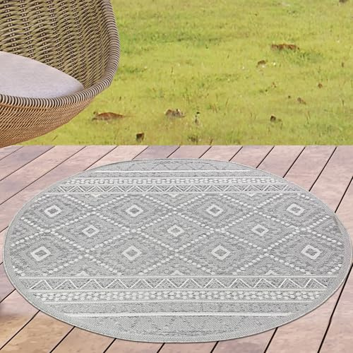 CARPETIA Outdoor Teppich Rund Zickzack-Rauten Grau Sisal-Optik Ø 160 cm | Pflegeleicht, schmutzabweisend und strapazierfähig, OEKO-TEX geprüft, für Fußbodenheizung, Balkon, Terrasse & Wohnräume