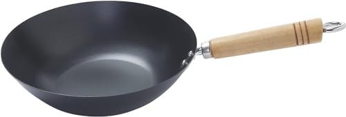 Penguin Home® Wok antiadhésif en acier au carbone avec manche en bois robuste|31 cm de large|Wok traditionnel chinois|Sauté à haute température|Base plate pour équilibre|Coffre-fort à induction