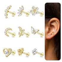 ADRAMATA 9 Stück 16G Helix Piercings Tragus Knorpel Ohrringe für Damen Ohrstecker Set Tragus Helix Conch Ohrringe Labret Zirkonia Ohrringe Schmetterling Mond Gold Silber Ohr Piercing für Damen