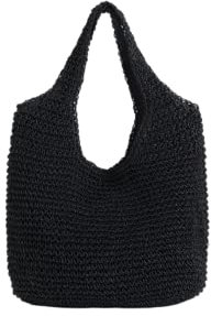 VSERETLOON Gemüsekorb, Strohtasche, Rattan-Tasche, handgewebte Tasche, Stroh-Tasche, Einschulter-Handtasche, Schwarz, wie abgebildet