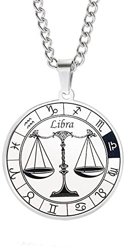 PAURO Herren Edelstahl Jahrgang Herrschsüchtig 12 Konstellationen Runde Siegel Zodiac Halskette Silber Schwarz Waage