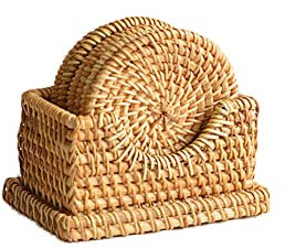 URFEDA 6PCS Rund Rattan Untersetzer Set,Natürliche Seegras Rattan Tischsets Handgefertigte Gewebte Platzset Hitzebeständige Platzdeckchen,Rattan Tassenmatten für Getränke,Teetassen,Esstisch,8CM