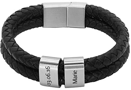Heideman Armband Herren aus Leder schwarz matt - Lederarmband Elian mit silberfarbenen Gravurplättchen für Männer - Personalisiertes Geschenk