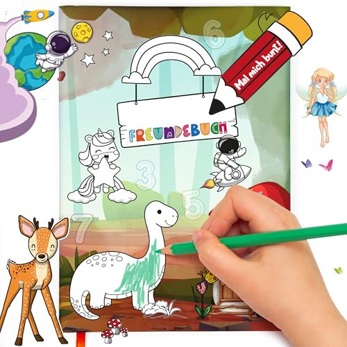 TOBJA Kindergarten Freundebuch - Mein Freundebuch Weltraum mit Einhörnern, Dinos und Piraten - Bemalbares Hardcover, 24 Doppelseiten - Inkl. Seiten für Erwachsene - Perfekt für Jungen und Mädchen