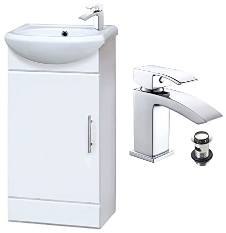 Vanity Unit Including Ceramic Basin & Chrome Waterfall Tap with Waste | Wall Mounted 1-Door with 1-Tap Hole Right Hand Basin | Bathroom Cloakroom Vanity Unit with Chrome Waterfall Tap - Gloss White