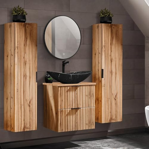 Lomadox Badezimmermöbel Set Wotaneiche gerillt, 60 cm Unterschrank mit Keramik Waschbecken schwarz, 2 Hochschränke und LED-Spiegel mit Hintergrundbeleuchtung
