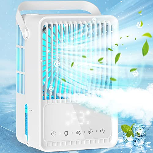 Enfriador de aire evaporativo con temporizador, ventilador de aire acondicionado portátil USB, 3 velocidades, 7 colores, 4 en 1, ventilador de refrigeración personal de escritorio para hogar,