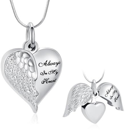 Minicremation Herz-Urnen-Halsketten-Anhänger für Asche, Engelsflügel, Einäscherungsschmuck für Damen und Herren, Andenken, Asche, Schmuck mit Aufschrift Always in my Mind Forever in my Heart,