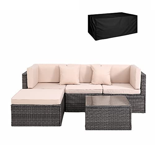 Panana Rattan Garden Furniture Set 4 Seater Wicker Patio Lounge Sofas Chairs Coffee Table Cushions Sectional Modular Combination for Outdoor Backyard Poolside (Mixed Grey Wicker with Beige Cushions)