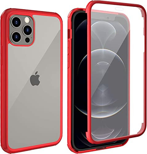 Leedia Case Compatible con Funda iPhone 12 Pro MAX 360 Grados Antigolpes con Protector de Pantalla Integrado Vidrio Templado Robusto Doble Cara Bumper Completa Carcasa para iPhone 12 Pro MAX Rojo