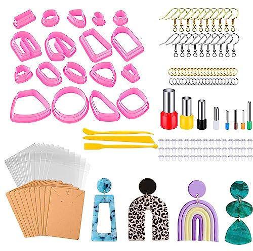 Yuaaoh 129 Stück Polymer Clay Set Ohrringe Rohlinge, 18-Form Polymer Ton Ausstecher Polymer Clay Ohrringe Selber Machen mit Ohrring-Karten Ohrring-Haken für Schmuckherstellung DIY Schmuck (Rosa)