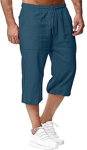Sprifloral Mens Linen Shorts 3/4 Length Pants Summer Trousers Beach Yoga Joggers Casual Sweatpants Dark Blue 4XL