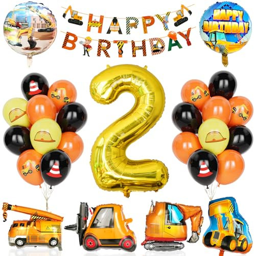 Bagger Deko Kindergeburtstag 2, 29Pcs Partyzubehör für den Bau mit Banner,Ballon Zahlen 2 mit Bulldozer, Gabelstapler Bagger Luftballons für Jungen Kinder Bauparty Geburtstags party Dekorationen