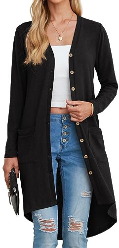 GRECERELLE Women's Long Lightweight Cardigan Long Sleeve Button Down Loose Outwear Cardigans Jacket with Pockets for Ladies UK Black-M